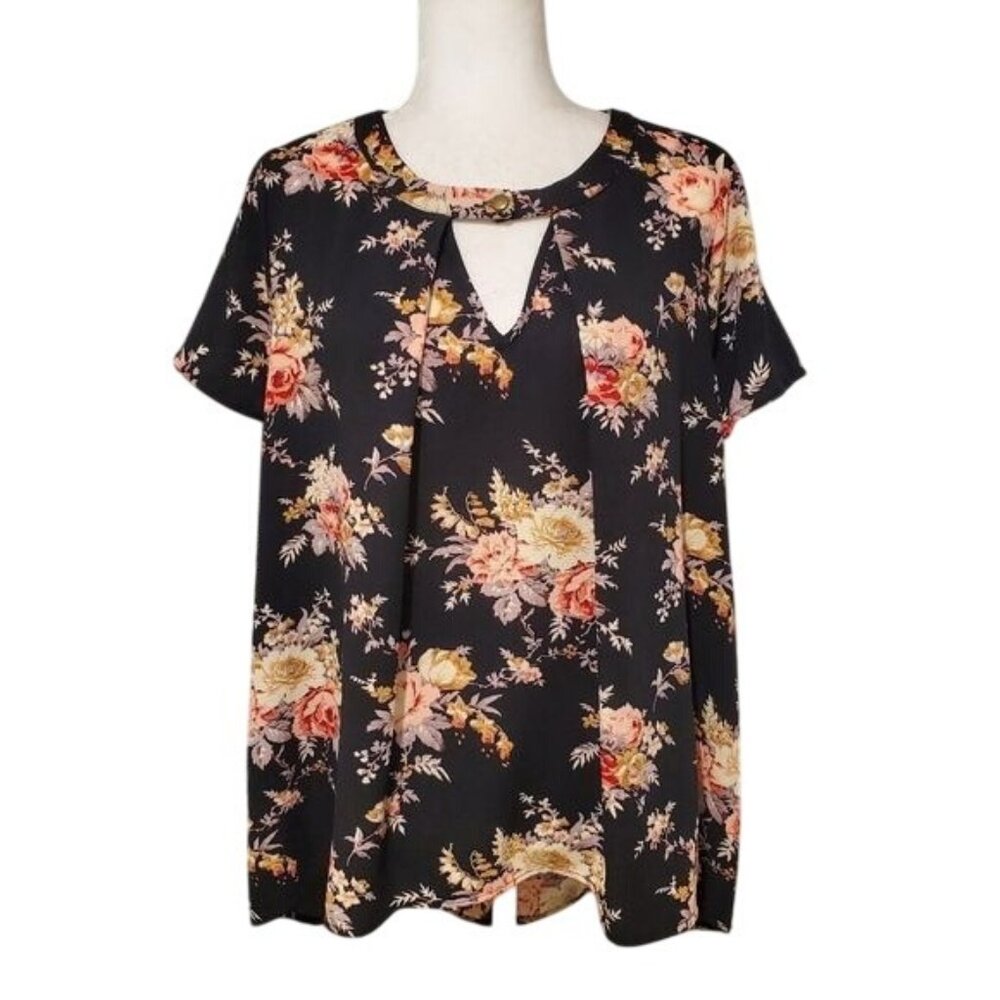 Ces Femme Tunic Womens Size Large Floral Print High Low Hem Short Sleeve Blouse